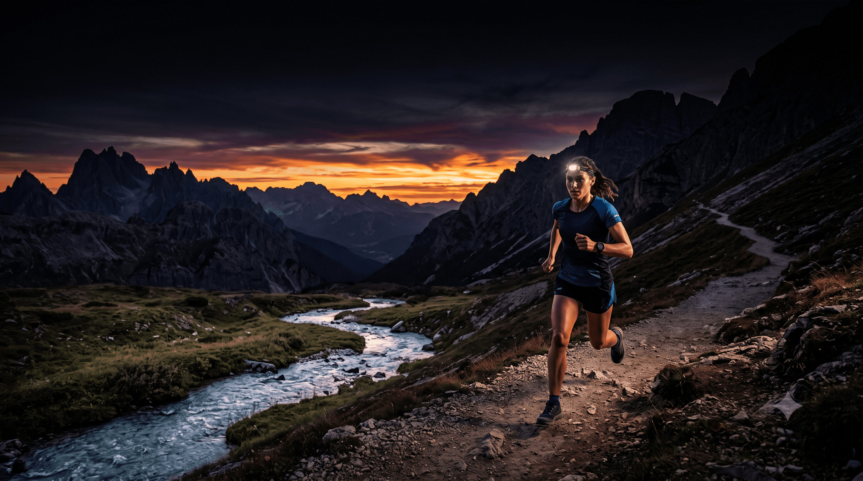 Trail runner with a headlamp on a mountain trail at dusk, dramatic peaks and a river valley below